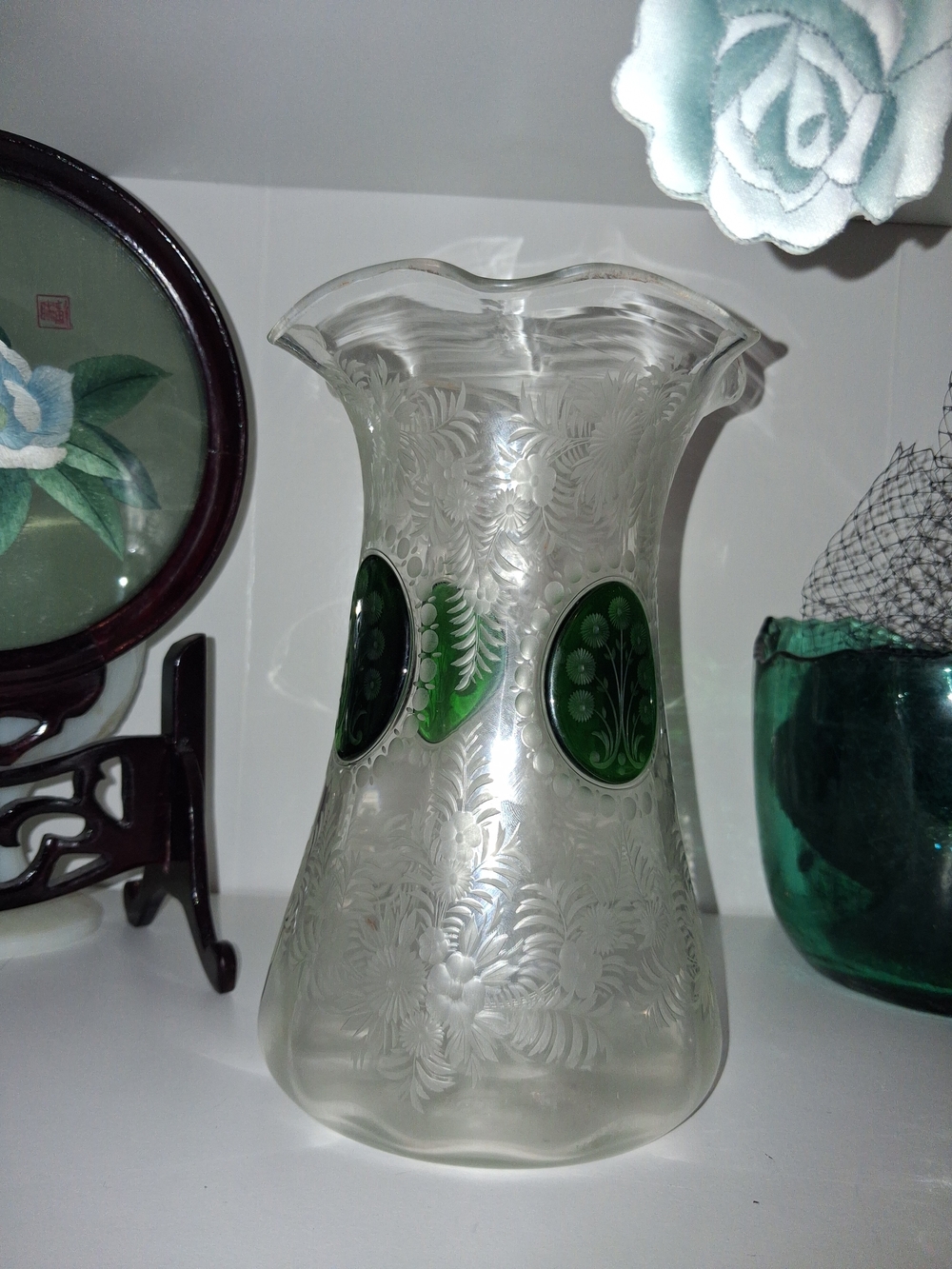 Antique Bohemian Victorian Wheel-Cut Crystal Vase w/ Applied Green Glass Jewels